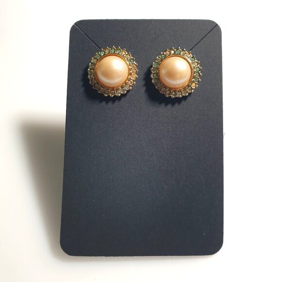 Vintage Stud Earrings Faux Pearl Center Gold Tone Crystal Trim Mom Core Gift - Picture 2 of 4